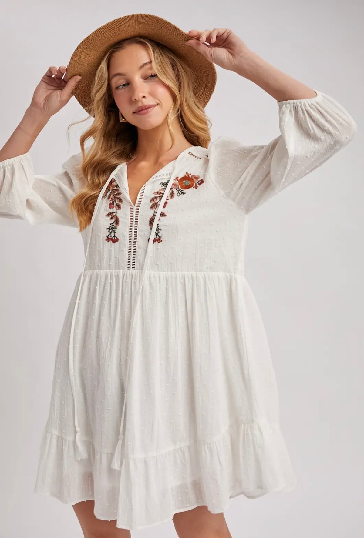 Embroidered Ruffled Baby Doll Dress.