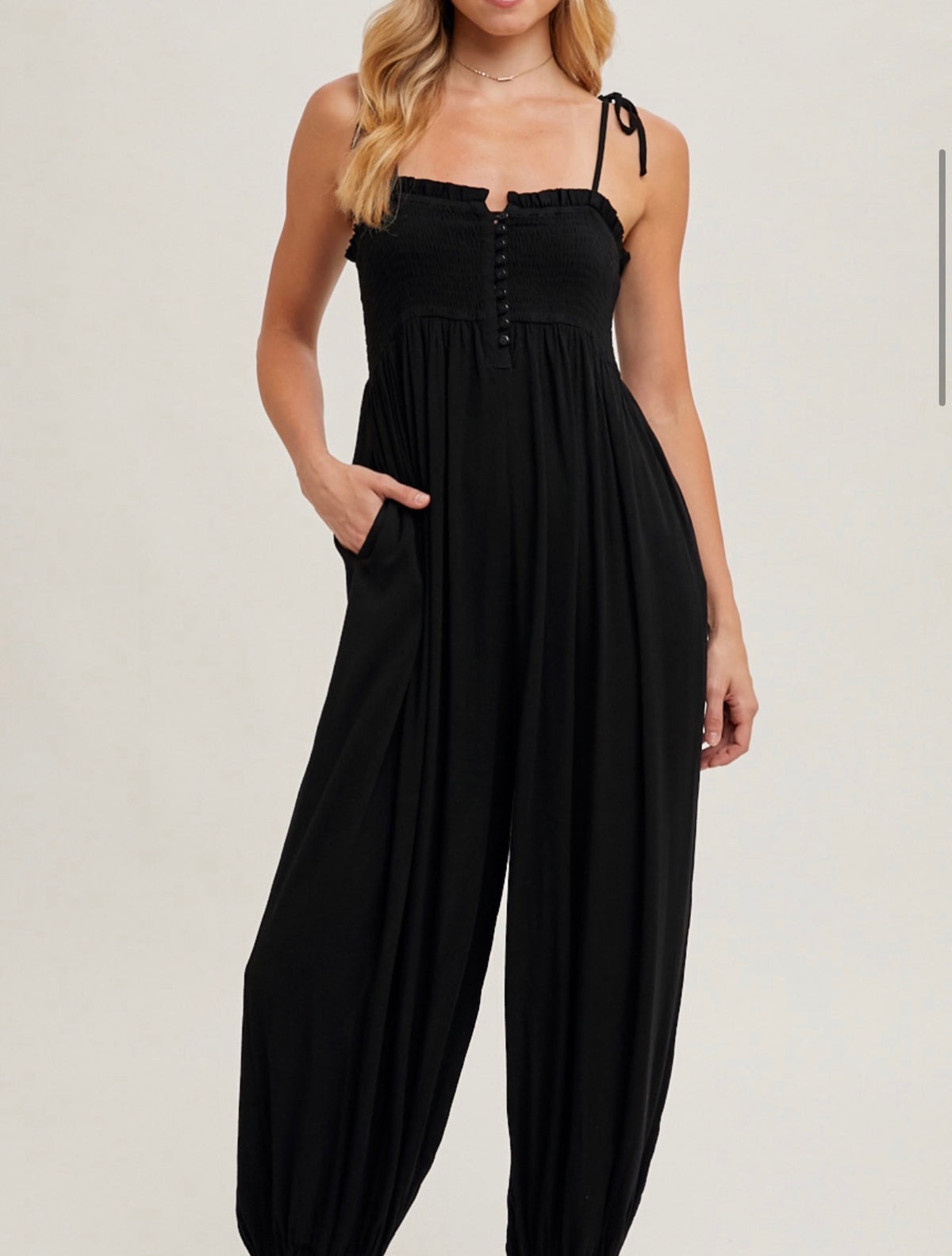 GAUZE SMOCKED BUTTON FRONT SHOULDER TIE JUMPSUIT