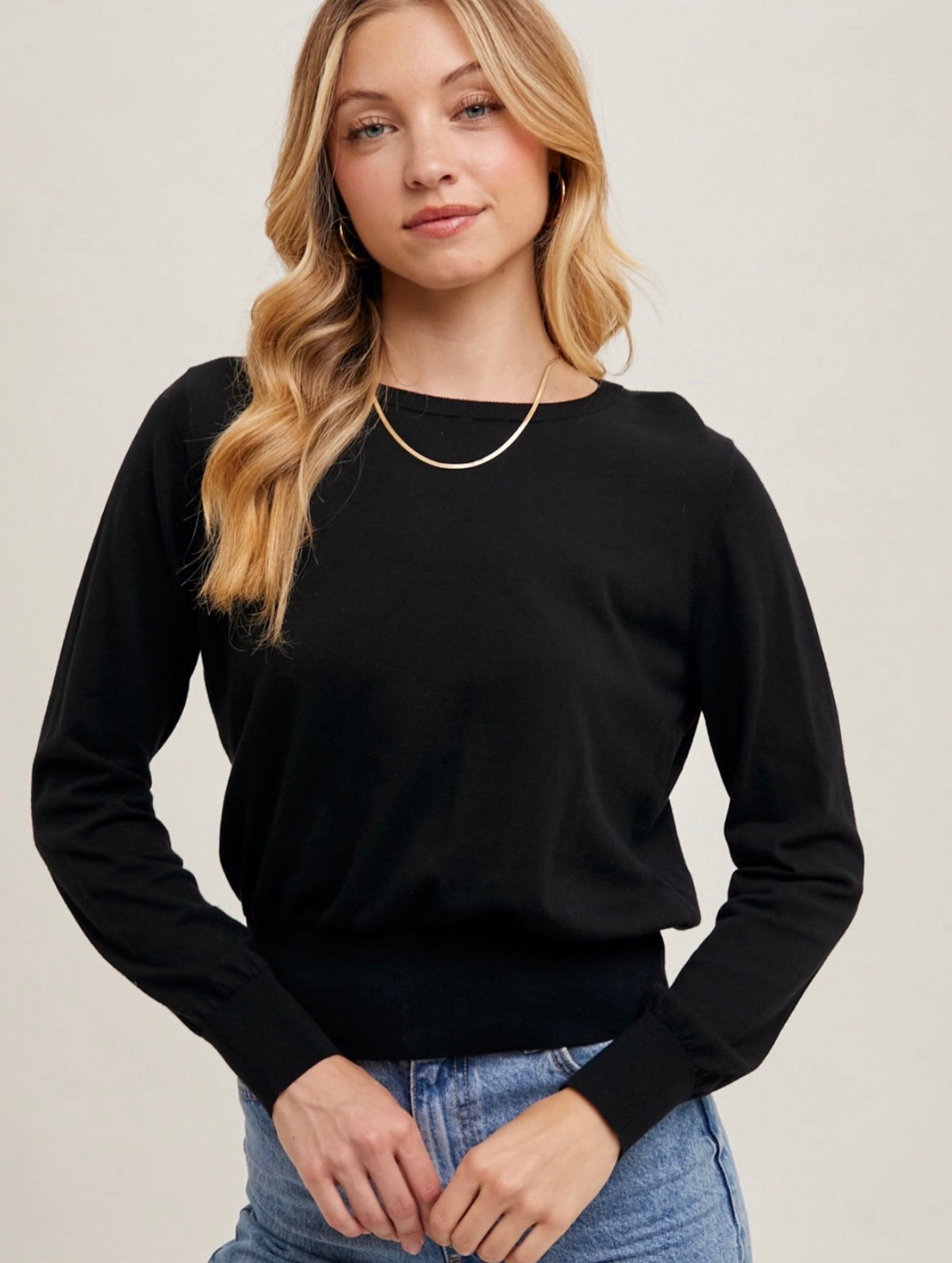 ROUND NECK WAIST BAND KNIT PULLOVER TOP