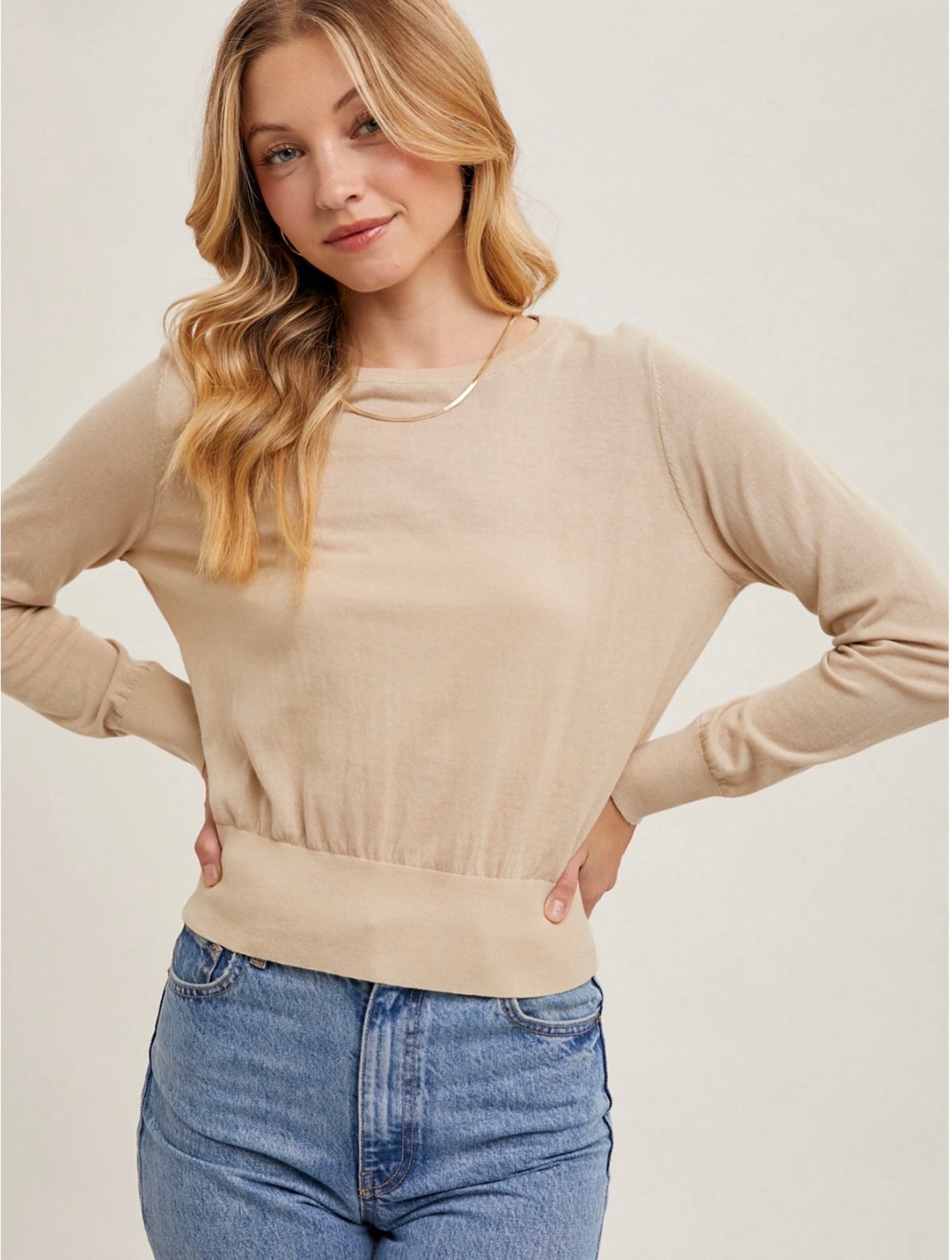 ROUND NECK WAIST BAND KNIT PULLOVER